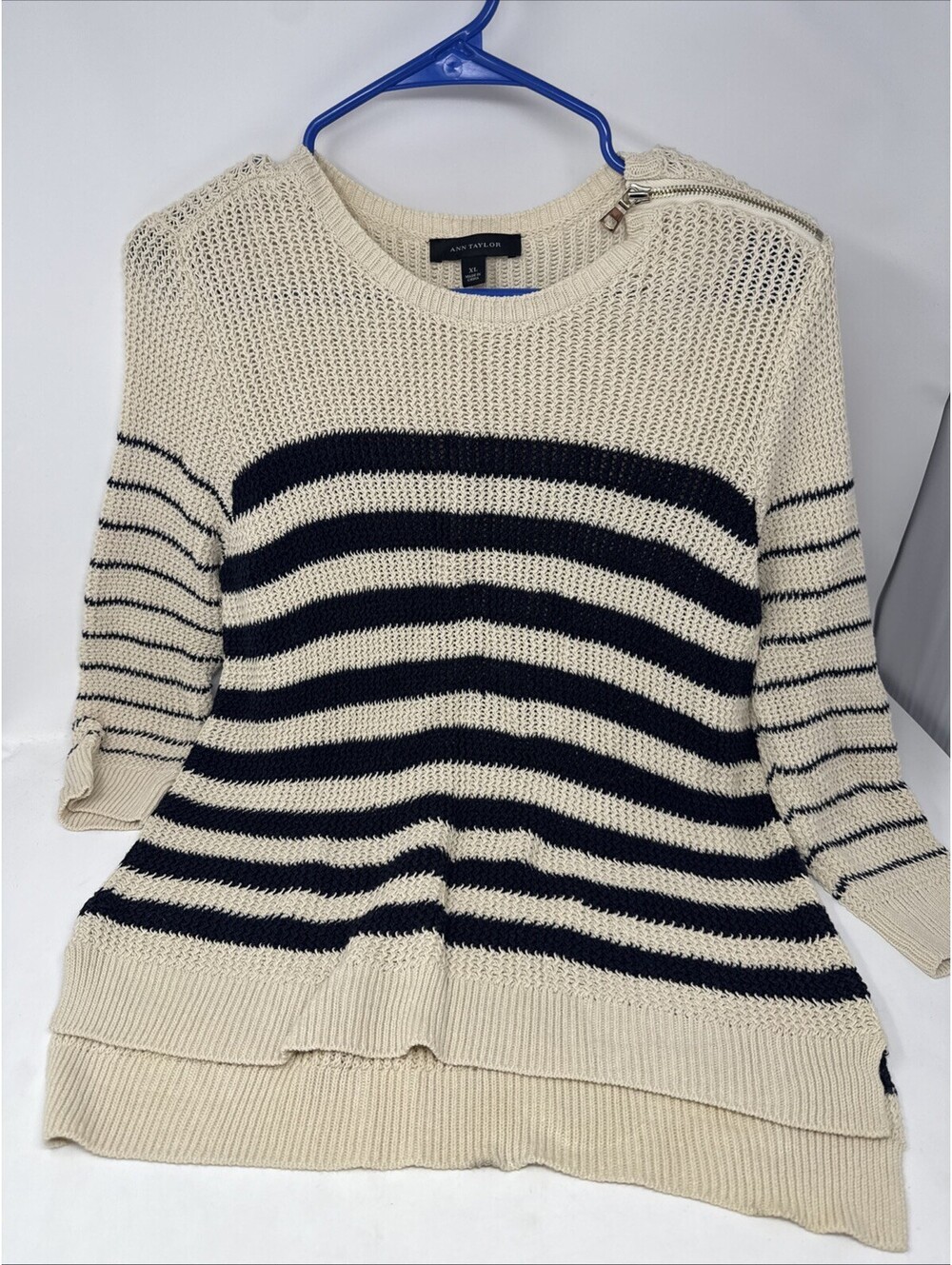 Ann Taylor Beige Striped 3/4 Sleeve Open Knit Sweater Womens Size XL